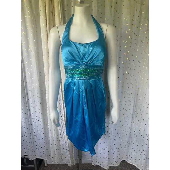 Josh & Jazz NWT Turquoise Beaded Satin Halter Mini Cocktail Dress Pockets 9/10 - Picture 2 of 7